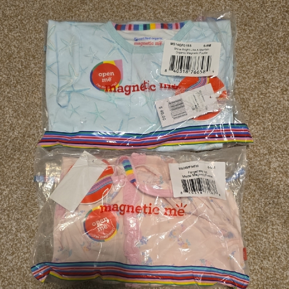 New! 6-9 Month Baby Magnetic Me Starfish Blue and pink flower Pajama Set Footsie